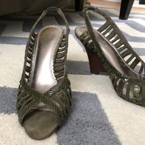 Green snakeskin wedge sandals